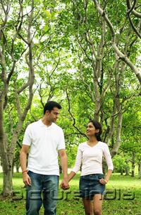 PictureIndia - Couple walking in park, holding hands, looking at each other